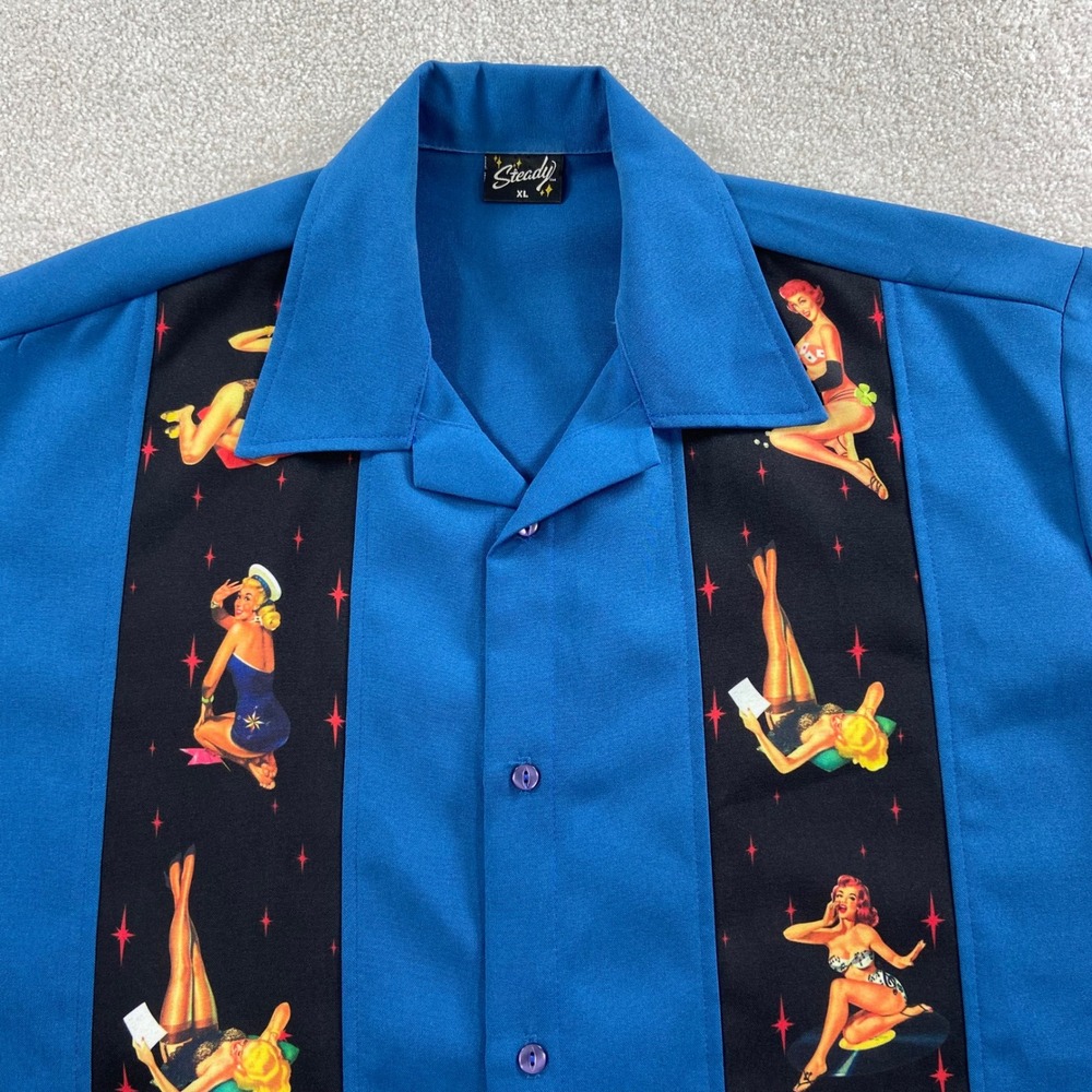 Steady Pinup Girl Bowling Shirt Mens XL Blue Retro Rockabilly PRB 21 ST35368